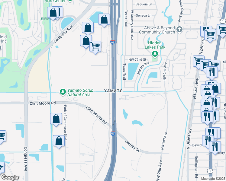 map of restaurants, bars, coffee shops, grocery stores, and more near Interstate 95 in Boca Raton