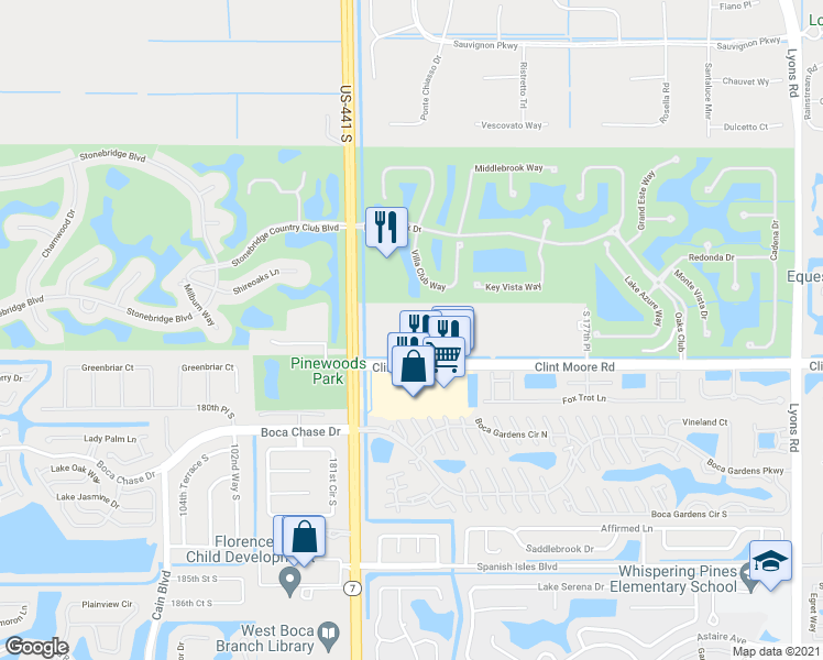 map of restaurants, bars, coffee shops, grocery stores, and more near 9905 Clint Moore Road in Boca Raton