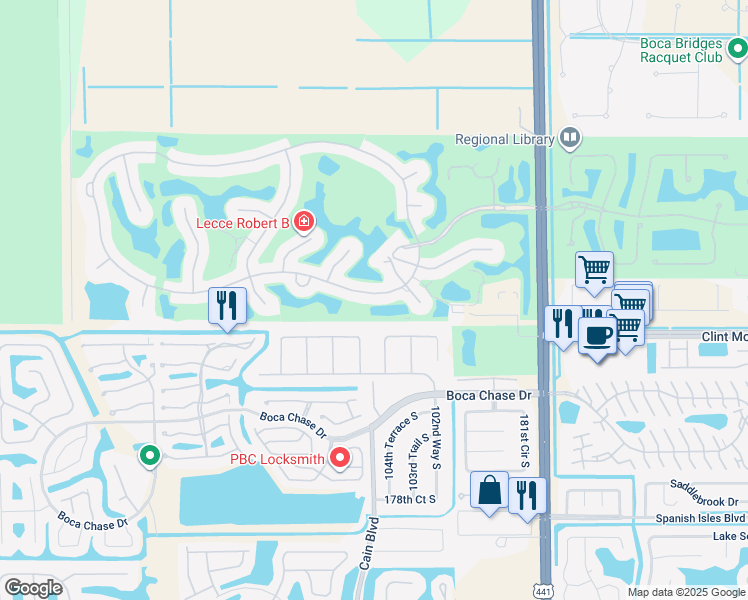 map of restaurants, bars, coffee shops, grocery stores, and more near 10758 Stonebridge Boulevard in Boca Raton