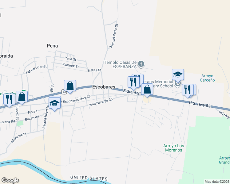 map of restaurants, bars, coffee shops, grocery stores, and more near 3323 Old Escobares Highway 83 in Roma