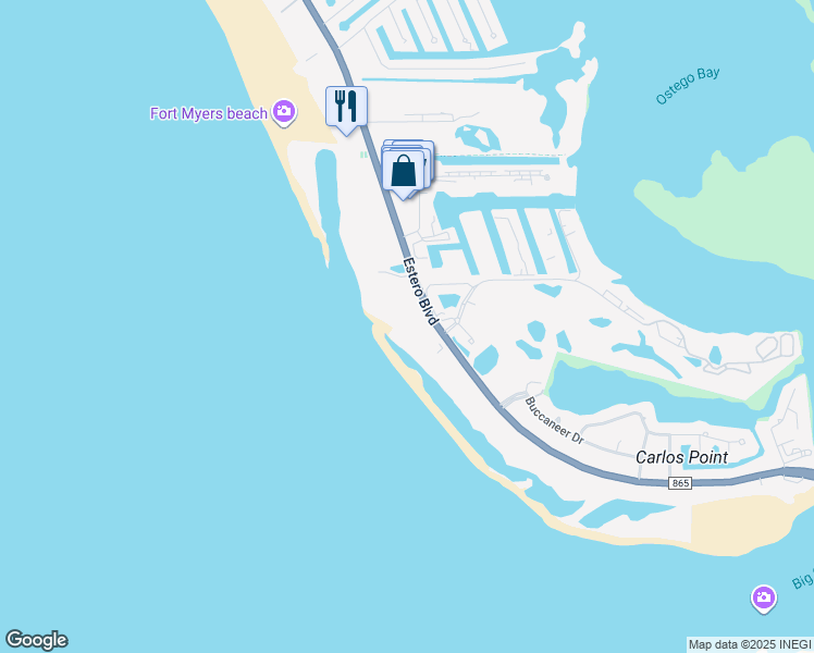map of restaurants, bars, coffee shops, grocery stores, and more near 7400 Estero Boulevard in Fort Myers Beach