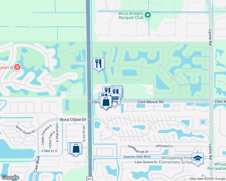 map of restaurants, bars, coffee shops, grocery stores, and more near 9905 Clint Moore Road in Boca Raton