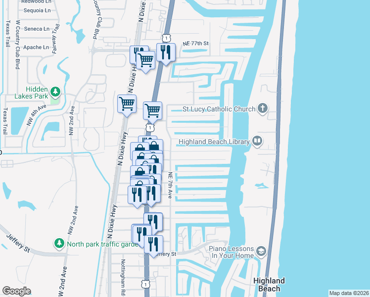 map of restaurants, bars, coffee shops, grocery stores, and more near 740 Northeast 69th Street in Boca Raton
