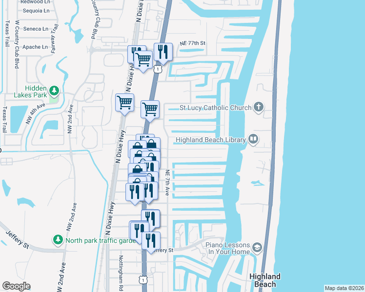 map of restaurants, bars, coffee shops, grocery stores, and more near 740 Northeast 69th Street in Boca Raton