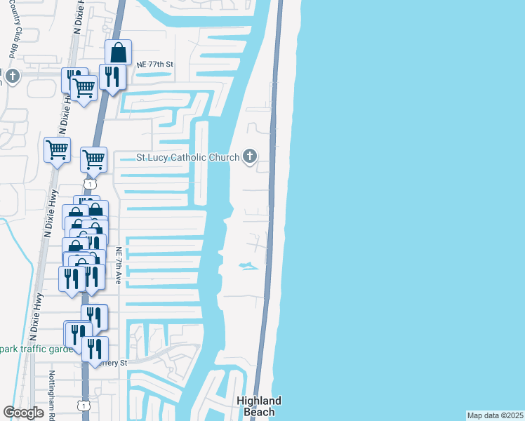 map of restaurants, bars, coffee shops, grocery stores, and more near 3612 South Ocean Boulevard in Highland Beach