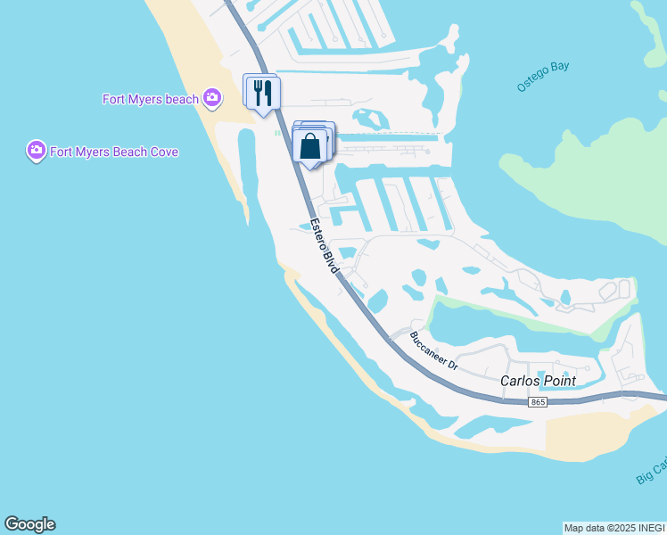 map of restaurants, bars, coffee shops, grocery stores, and more near 7401 Estero Boulevard in Fort Myers Beach