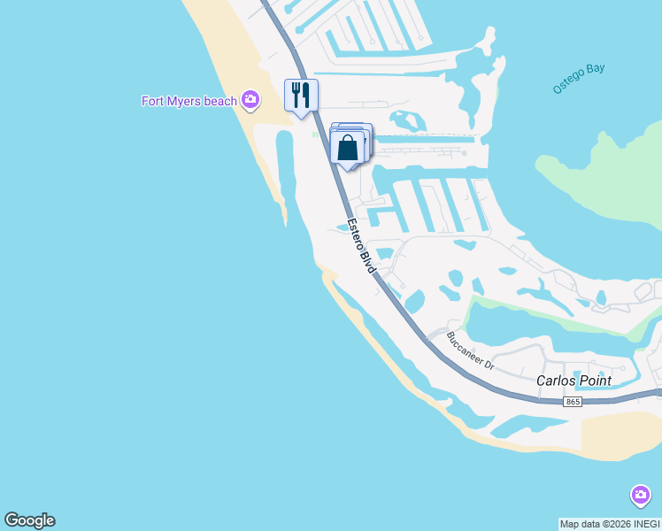 map of restaurants, bars, coffee shops, grocery stores, and more near 7402 Estero Boulevard in Fort Myers Beach
