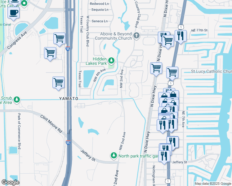 map of restaurants, bars, coffee shops, grocery stores, and more near 225 Northwest 69th Street in Boca Raton