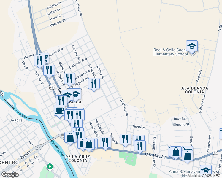 map of restaurants, bars, coffee shops, grocery stores, and more near 708 North Utica Street in Roma