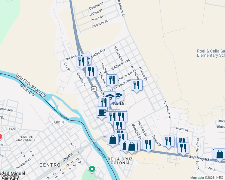 map of restaurants, bars, coffee shops, grocery stores, and more near 103 East La Fragua Avenue in Roma