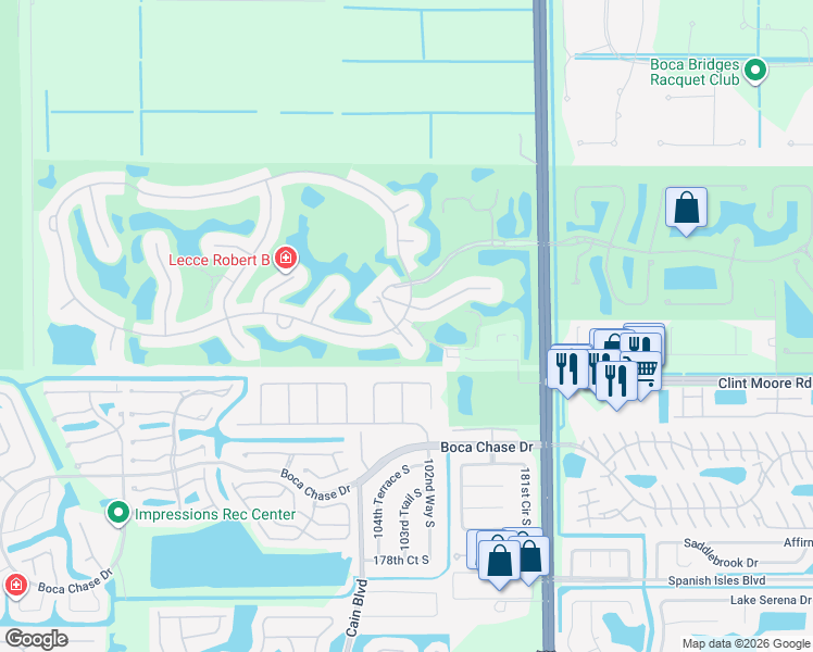 map of restaurants, bars, coffee shops, grocery stores, and more near 17902 Milburn Way in Boca Raton