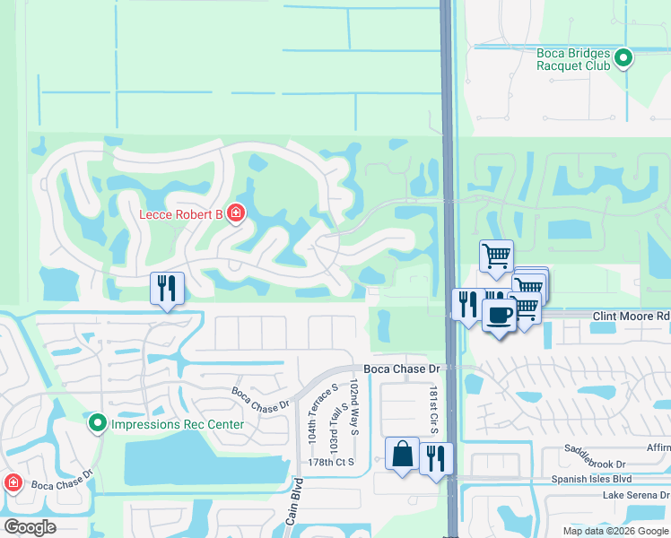 map of restaurants, bars, coffee shops, grocery stores, and more near 17902 Milburn Way in Boca Raton