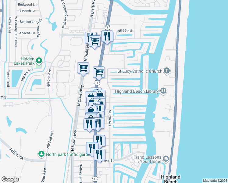map of restaurants, bars, coffee shops, grocery stores, and more near 740 Northeast 69th Street in Boca Raton