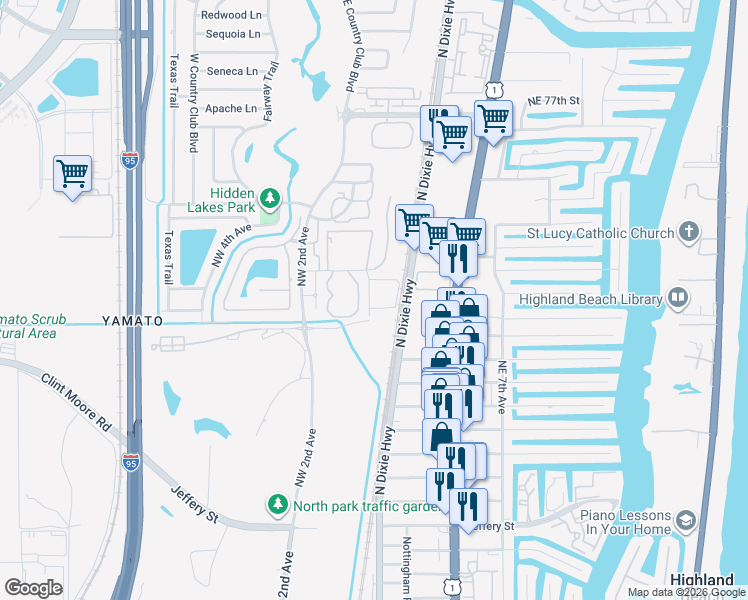 map of restaurants, bars, coffee shops, grocery stores, and more near 100 Northwest 69th Circle in Boca Raton
