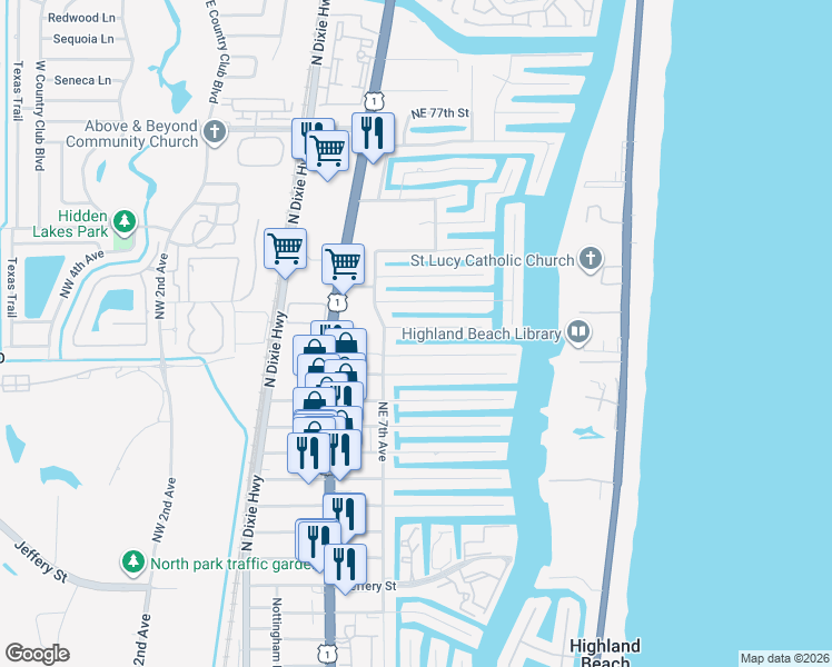 map of restaurants, bars, coffee shops, grocery stores, and more near 740 Northeast 69th Street in Boca Raton