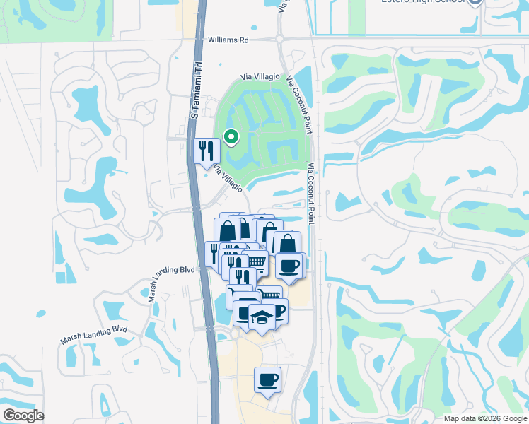 map of restaurants, bars, coffee shops, grocery stores, and more near 8721 Piazza Del Lago Circle in Estero