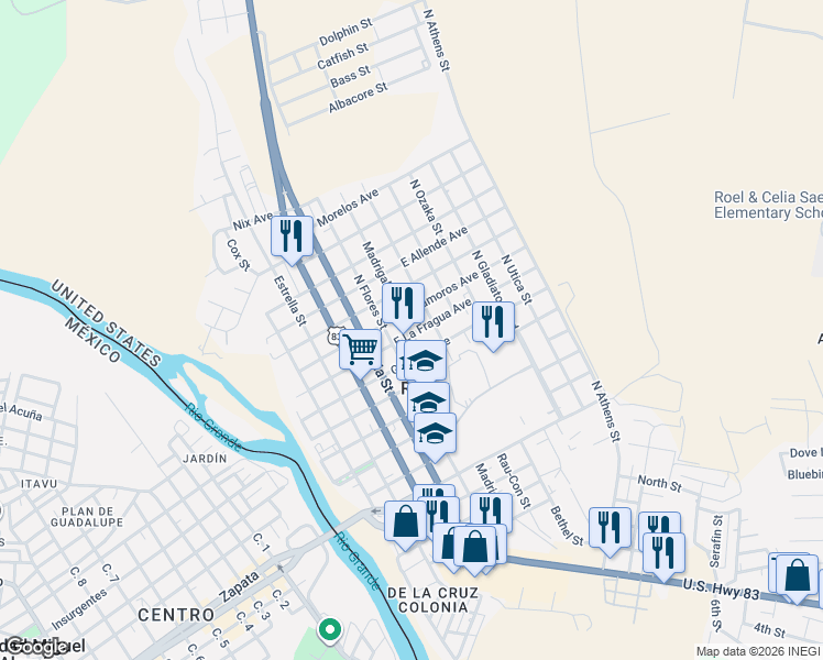 map of restaurants, bars, coffee shops, grocery stores, and more near 103 East La Fragua Avenue in Roma