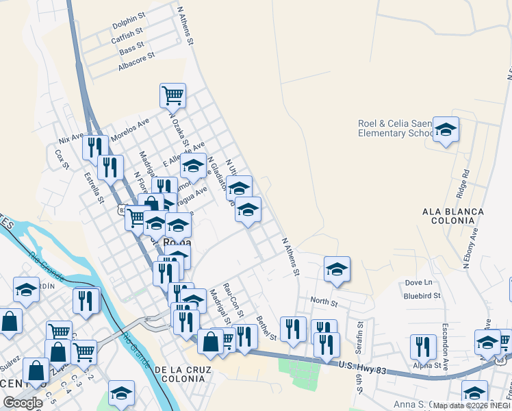 map of restaurants, bars, coffee shops, grocery stores, and more near 708 North Utica Street in Roma