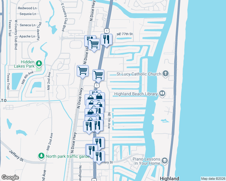 map of restaurants, bars, coffee shops, grocery stores, and more near 740 Northeast 69th Street in Boca Raton