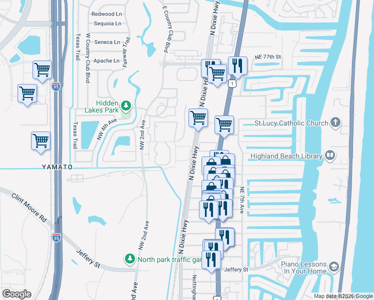 map of restaurants, bars, coffee shops, grocery stores, and more near 100 Northwest 69th Circle in Boca Raton