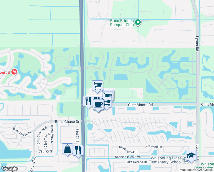 map of restaurants, bars, coffee shops, grocery stores, and more near 9905 Clint Moore Road in Boca Raton