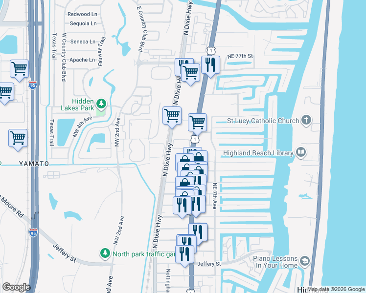 map of restaurants, bars, coffee shops, grocery stores, and more near 385 Northeast 69th Circle in Boca Raton