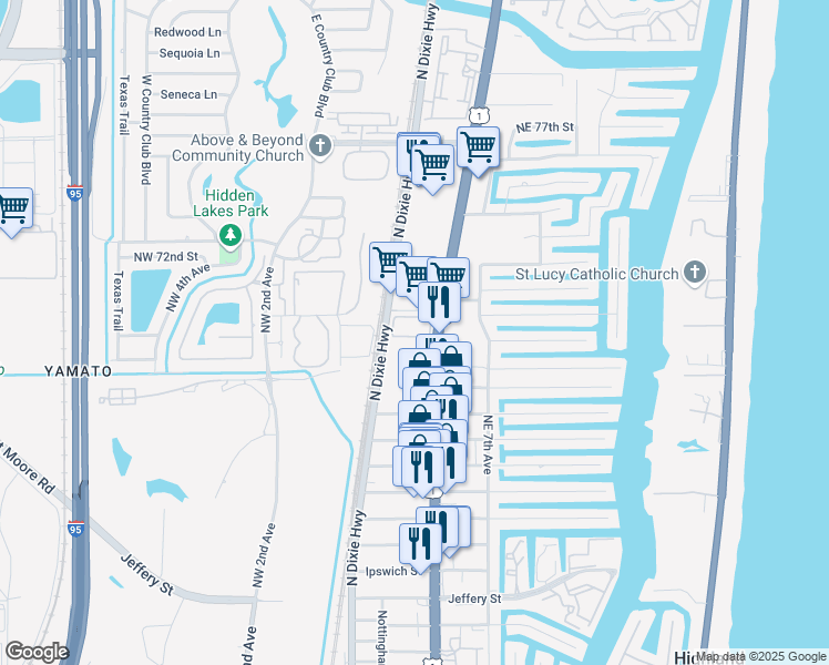 map of restaurants, bars, coffee shops, grocery stores, and more near 385 Northeast 69th Circle in Boca Raton