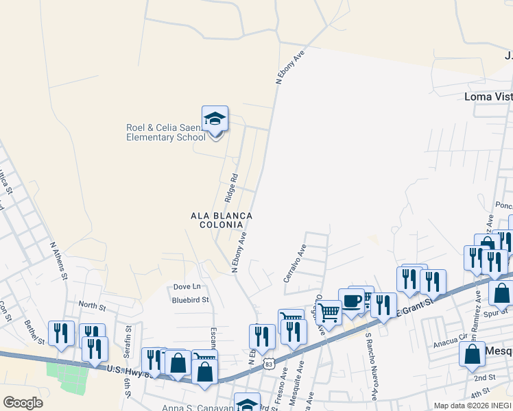 map of restaurants, bars, coffee shops, grocery stores, and more near 720 North Ebony Avenue in Roma