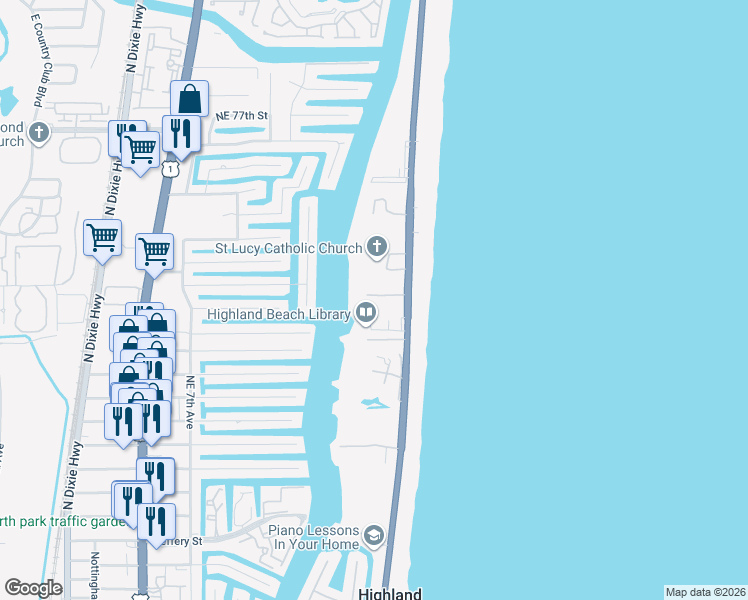 map of restaurants, bars, coffee shops, grocery stores, and more near 3618 South Ocean Boulevard in Highland Beach