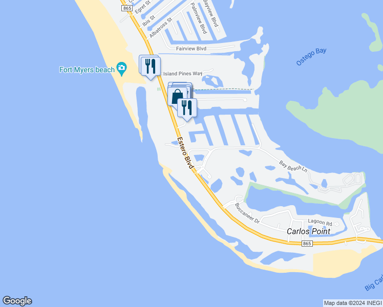 map of restaurants, bars, coffee shops, grocery stores, and more near 7401 Estero Boulevard in Fort Myers Beach