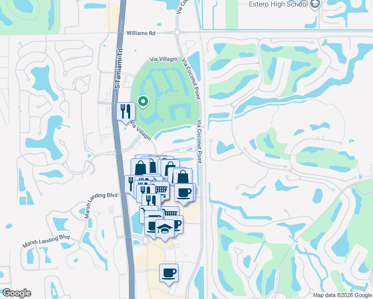 map of restaurants, bars, coffee shops, grocery stores, and more near 8650 Piazza Del Lago Circle in Estero