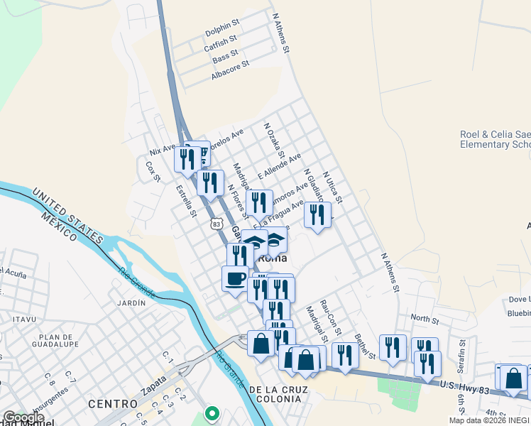 map of restaurants, bars, coffee shops, grocery stores, and more near 1206 Madrigal Street in Roma