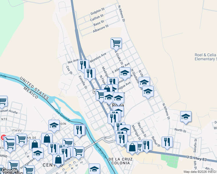 map of restaurants, bars, coffee shops, grocery stores, and more near 1206 Madrigal Street in Roma