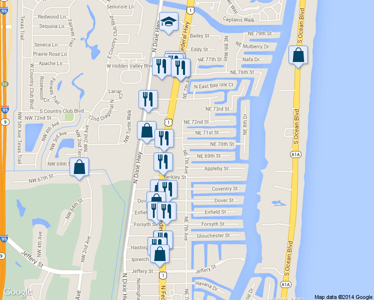 map of restaurants, bars, coffee shops, grocery stores, and more near 698 Northeast 70th Street in Boca Raton