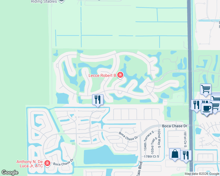 map of restaurants, bars, coffee shops, grocery stores, and more near 17825 Southwick Way in Boca Raton