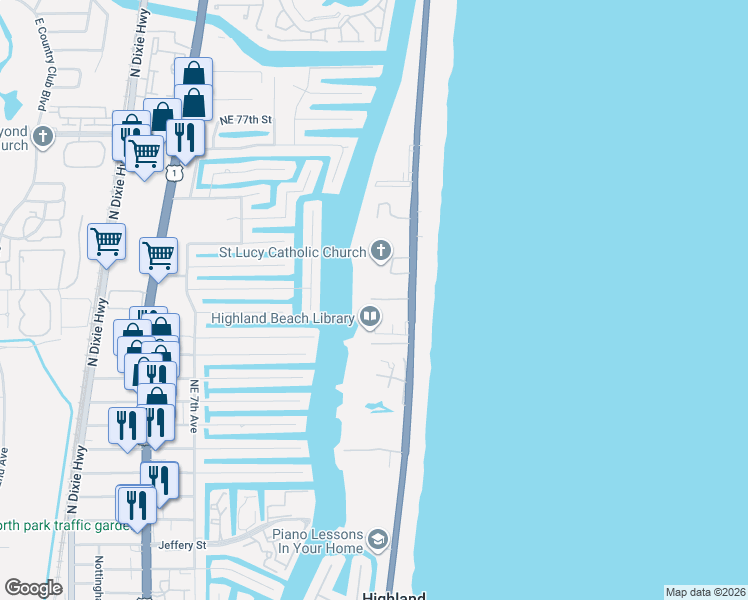 map of restaurants, bars, coffee shops, grocery stores, and more near 3596 South Ocean Boulevard in Highland Beach