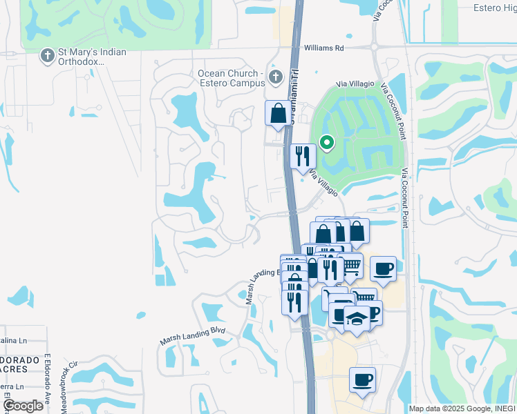 map of restaurants, bars, coffee shops, grocery stores, and more near 22220 Fountain Lakes Boulevard in Estero