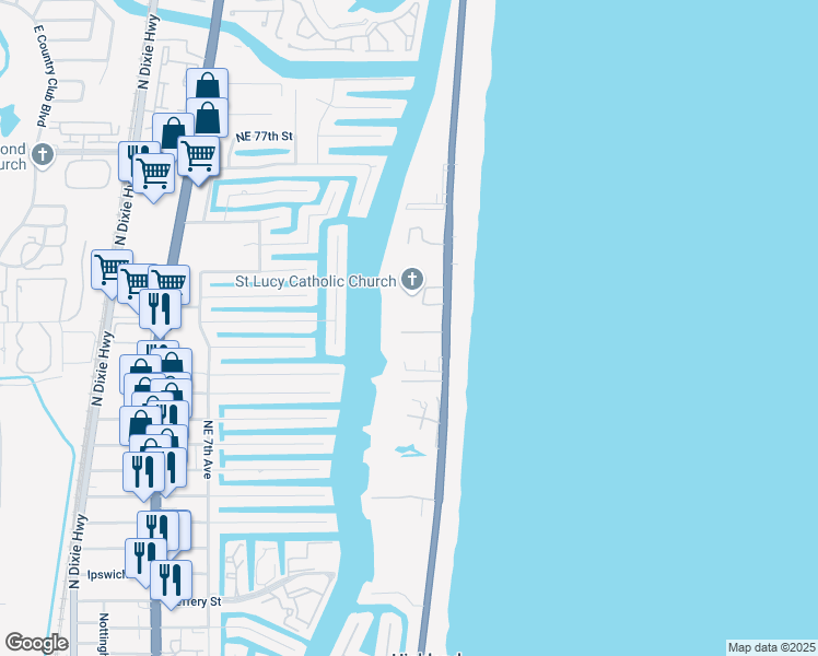 map of restaurants, bars, coffee shops, grocery stores, and more near 3596 South Ocean Boulevard in Highland Beach