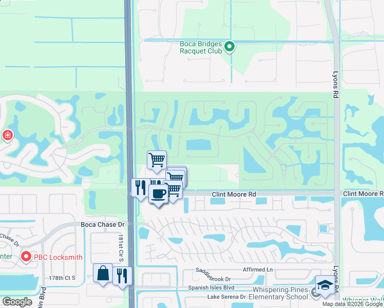 map of restaurants, bars, coffee shops, grocery stores, and more near 17893 Key Vista Way in Boca Raton