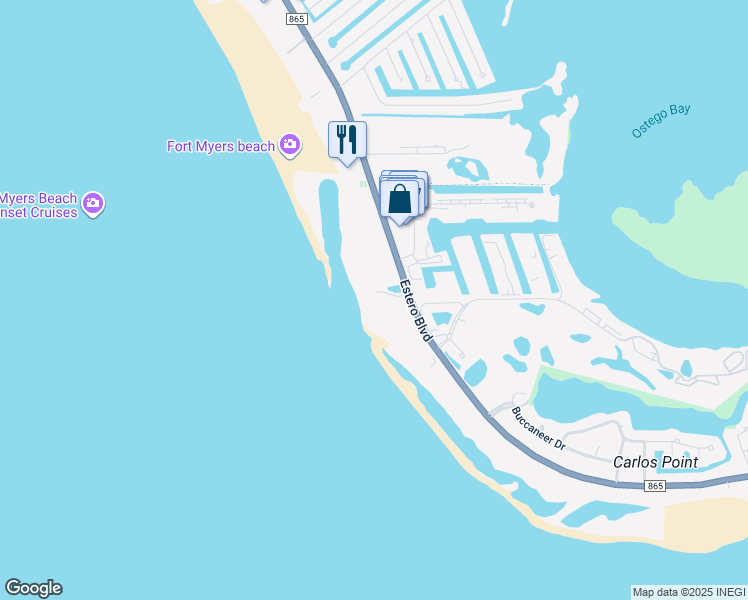 map of restaurants, bars, coffee shops, grocery stores, and more near 7360 Estero Boulevard in Fort Myers Beach