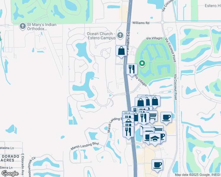 map of restaurants, bars, coffee shops, grocery stores, and more near 22731 Sandy Bay Drive in Estero
