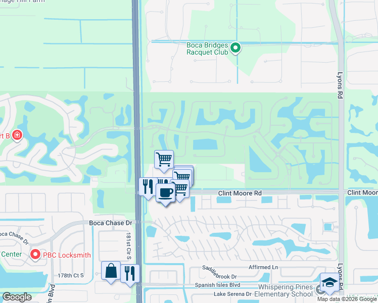 map of restaurants, bars, coffee shops, grocery stores, and more near 17893 Key Vista Way in Boca Raton