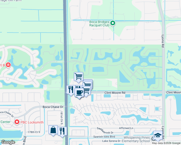 map of restaurants, bars, coffee shops, grocery stores, and more near 17893 Key Vista Way in Boca Raton