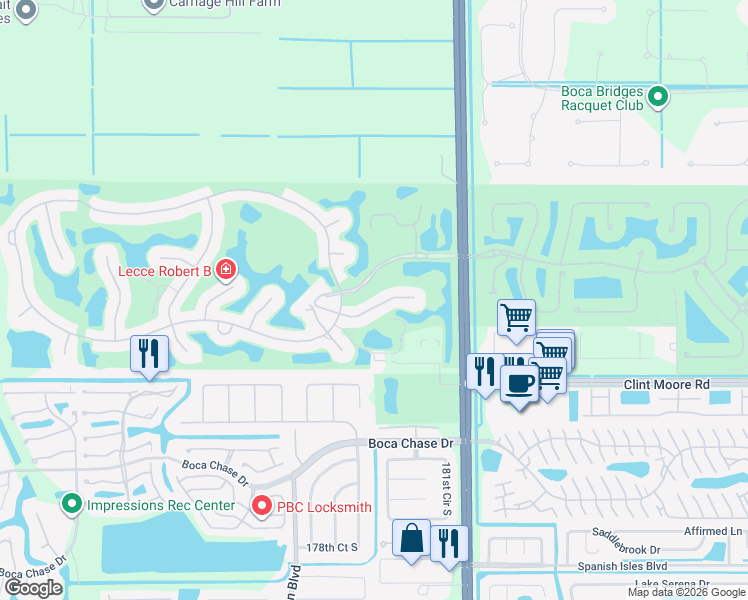 map of restaurants, bars, coffee shops, grocery stores, and more near 10253 Shireoaks Lane in Boca Raton