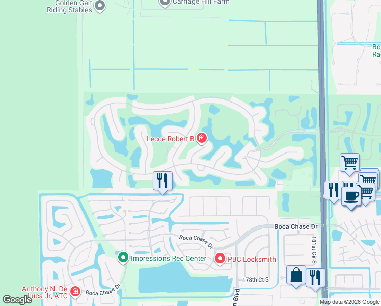 map of restaurants, bars, coffee shops, grocery stores, and more near 17825 Southwick Way in Boca Raton