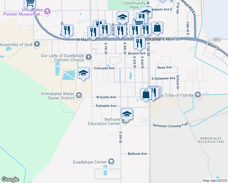 map of restaurants, bars, coffee shops, grocery stores, and more near 601 West Delaware Avenue in Immokalee
