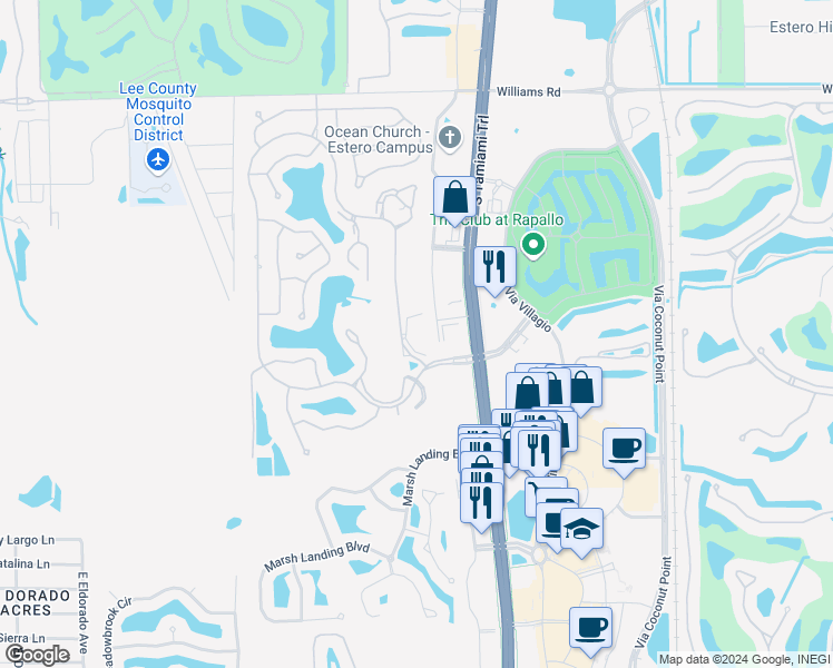 map of restaurants, bars, coffee shops, grocery stores, and more near 22220 Fountain Lakes Boulevard in Estero
