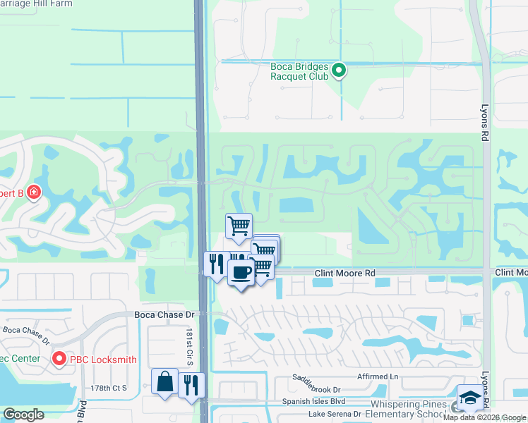 map of restaurants, bars, coffee shops, grocery stores, and more near 17928 Villa Club Way in Boca Raton