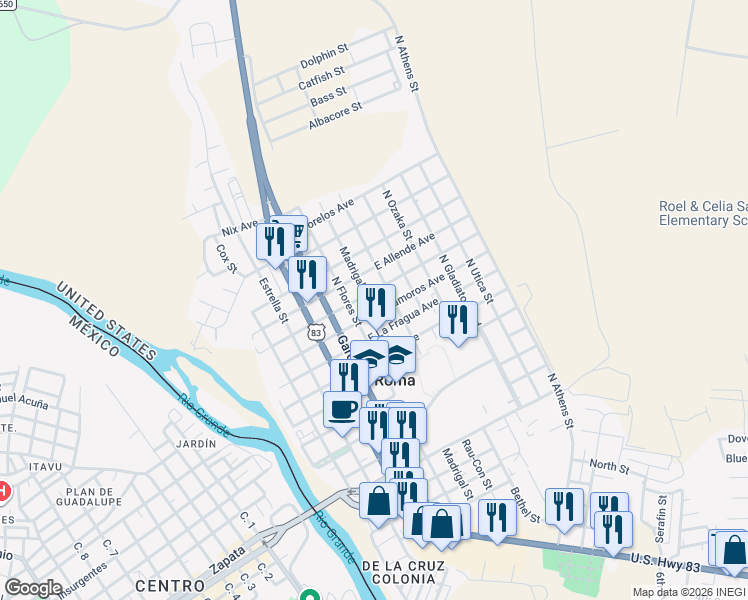 map of restaurants, bars, coffee shops, grocery stores, and more near 1206 Madrigal Street in Roma