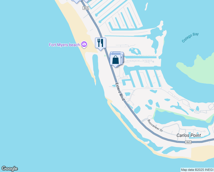 map of restaurants, bars, coffee shops, grocery stores, and more near 7330 Estero Boulevard in Fort Myers Beach
